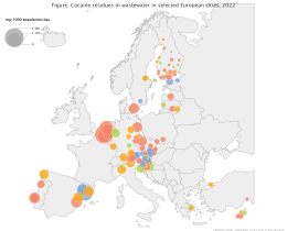 Bubble map showing size of cocaine residues detected in watewater in Europe and whether those values have increased since the previous measurements. Largest values in Belgium and the Netherlands, as well as parts of Spain and Germany. A majority of values would appear to have increased but caution is needed when interpreting this data.