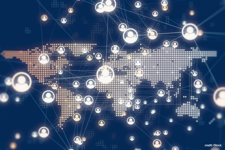 network on world map on blue background